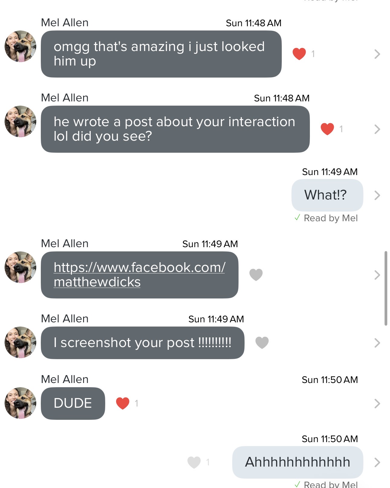 The text from my assistant Mel the moment she saw Matthew's post
